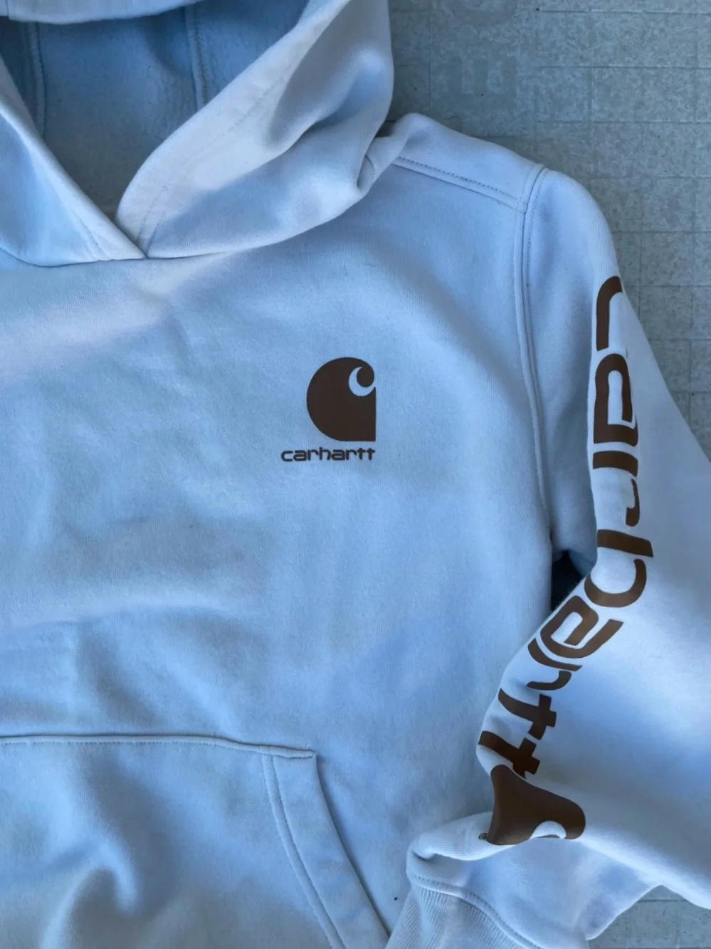 Carhartt Kids Hooded Sweatshirt in Light Blue with Brown Logo